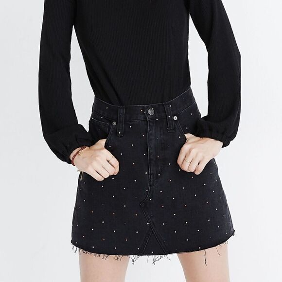 NWT Madewell Black Mini Jean Skirt with Dots - Size 25 - Picture 1 of 16